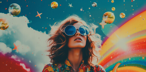illustration of a beautiful  brunette girl in a surreal  rainbow landscape, banner wallpaper  for social network use
