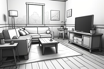 The living room has a couch, coffee table, television, screen, and rug. (Generative AI)