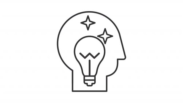 Innovative thinking line animation. Light bulb inside human head animated icon. Idea generation. Creative mind. Black illustration on white background. HD video with alpha channel. Motion graphic