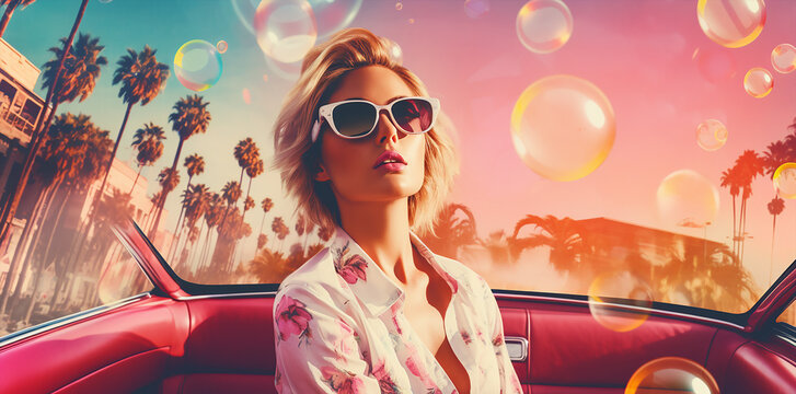 pop art style banner wallpaper of a beautiful girl model with  retro vintage sunglasses, in a old car, 70s mood iconic concept theme