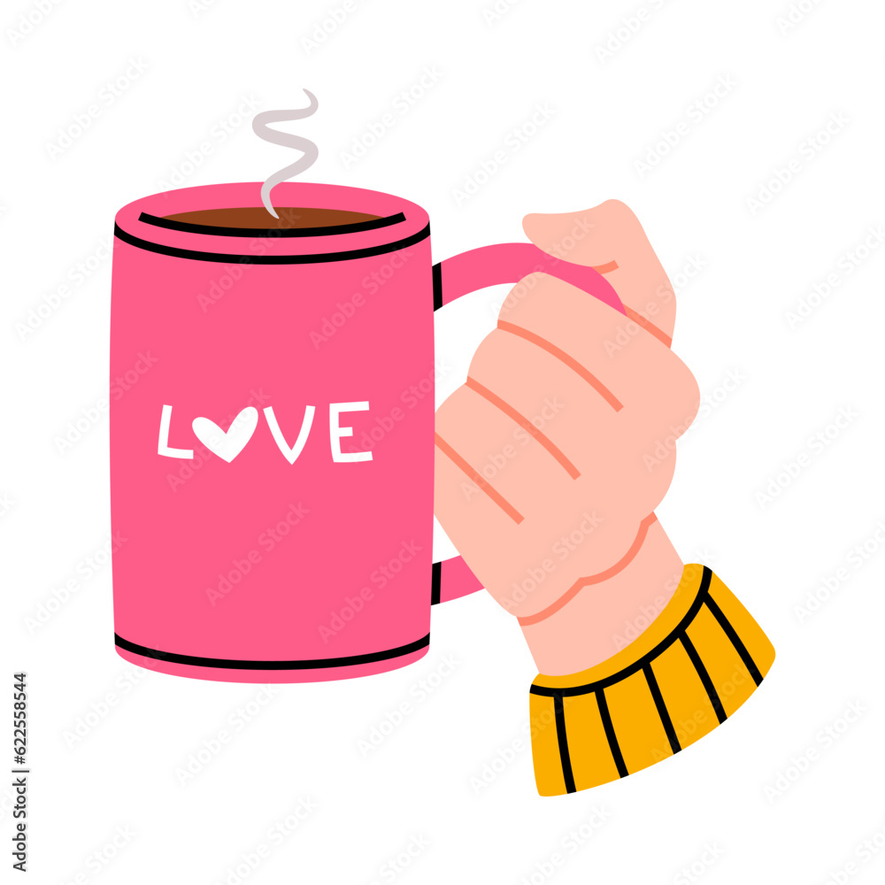 Canvas Prints Hand Holding Pink Coffee Cup with Aromatic Drink Vector Illustration