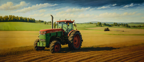 A tractor in a field during the hot summer.