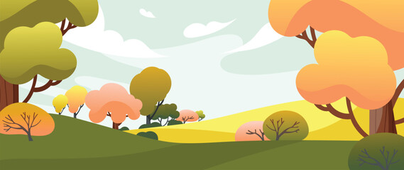 Fototapeta na wymiar Autumn nature and country landscape background. Seasonal illustration vector of trees, flowers, field, mountain, park, cloud, grass. Design for banner, poster, wallpaper, decoration, card.