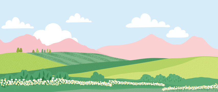 Spring nature and country landscape background. Seasonal illustration vector of trees, flowers, mountain, cloud, sky, grass, field, park. Design for banner, poster, wallpaper, decoration, card.