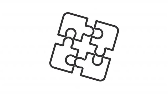 Puzzle pieces animated icon. Separate and connect line animation. Logic game. Business solution. Team collaboration. Black illustration on white background. HD video with alpha channel. Motion graphic