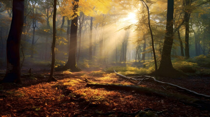 Naklejka premium Forest Landscape: Landscape of a peaceful forest with rays of light filtering through the trees
