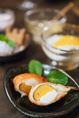 The dessert with sweet white cream Egg Yolk.