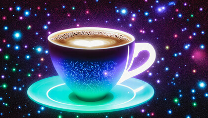 Fototapeta premium A cosmic coffee experience, a mug surrounded by stars in a celestial sky. Generative AI.