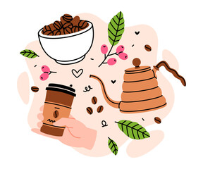 Coffee Aromatic Drink with Cup, Bean in Bowl and Kettle Vector Composition