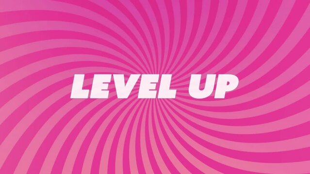 Animation of level up text on pink spinning stripes