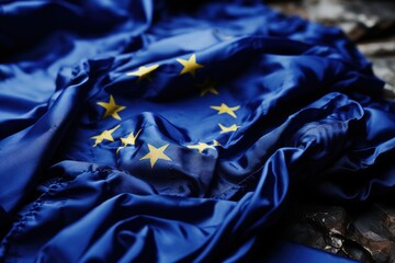 A close up of a crumpled EU blue flag with yellow stars. Generative AI image.