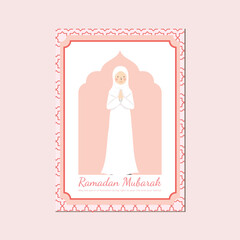 Ramadan Mubarak Greeting with Muslima Cartoon Character, Moslem Sister in Pink and Peach