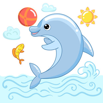 Cute cartoon dolphin is playing in the sea with a ball. The theme of the sea, summer. For children's design of prints, posters, stickers, cards, puzzles and so on. Vector illustration