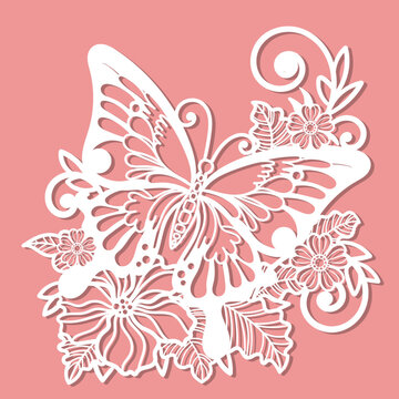 Butterfly with on a branch with flowers. Template for laser cutting of paper, cardboard, wood, metal, etc. For the design of wedding cards, envelopes, interior decoration and so on. Vector