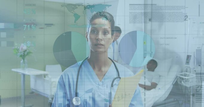 Animation of infographic interface, smiling biracial female doctor with notepad standing in hospital