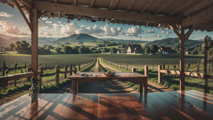 View from the wooden table in the pavilion offered a perfect vantage point to savor the captivating rural scenery where lush green fields quaint farmhouses and gentle rolling hills .