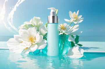 3D realistic skincare lotion bottle cream packaging product on white décor background with flowers and water pool. Beauty blogging, salon treatment concept, minimalism brand packaging.