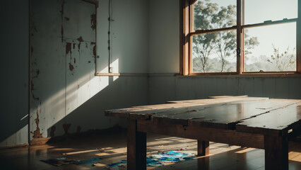 Within the decaying wooden room, a weathered table stood as a relic of the past, while rays of light poured through the cracked window, casting an ethereal glow that illuminates the melancholic scene.