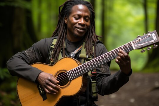 A man with dreadlocks playing a guitar in the woods. Generative AI image.