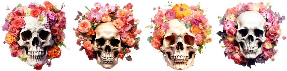 set illustration of watercolor human skull with flowers red rose