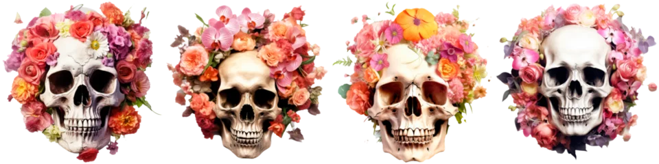 Abwaschbare Fototapete Aquarellschädel set illustration of watercolor human skull with flowers red rose