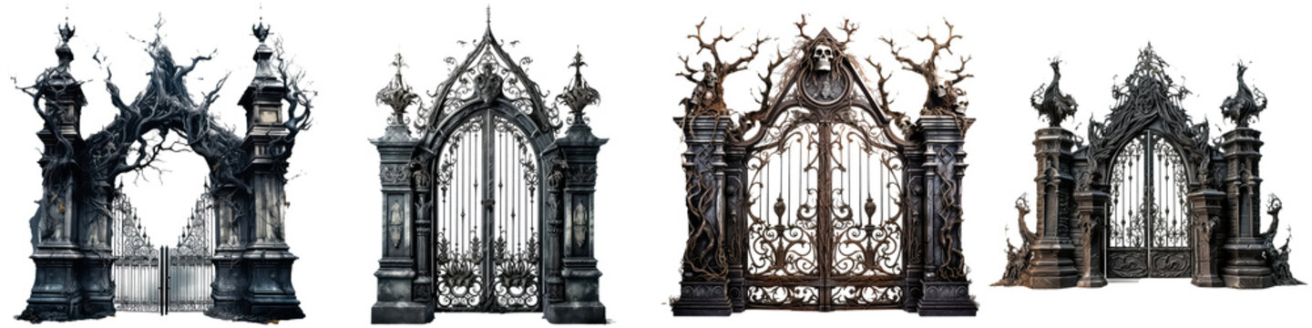 Halloween design with haunted house gate set illustration
