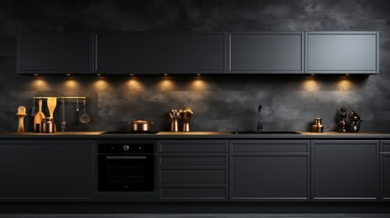 A black kitchen with a stove top oven. Generative AI image.