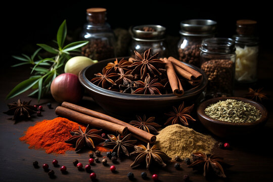 Various spices in bulk on a dish and in jars on the kitchen table, dark background