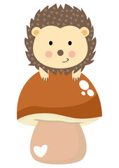 Friendly hedgehog on top of brown mushroom
