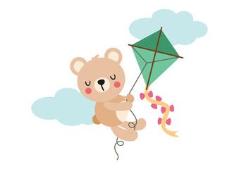 Cute teddy bear flying with kite