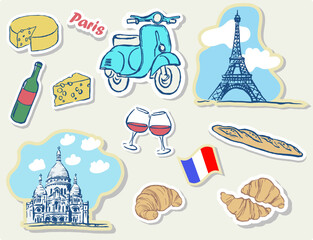Travel, stickers, France , Europe, Paris , Eiffel tower , Sacre Coeur  , tourism , doodle , seaside, French seasides,   sticker set , croissants, scooter, wine,  cheese,   architectural monument	