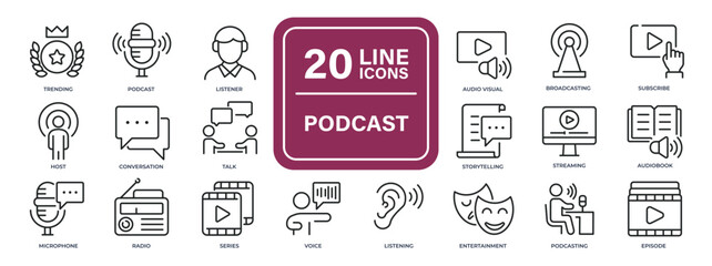 Podcast line icons. Editable stroke. For website marketing design, logo, app, template, ui, etc. Vector illustration.