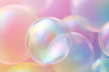 Iridescent balloon bubble on pastel background with gradient. A mesmerizing chorus of captivating bubbles dance against a vibrant pink backdrop, creating a joyous, dream-like atmosphere