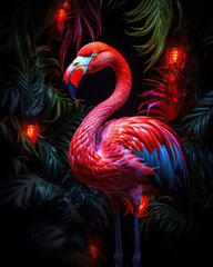 Fototapeta premium The vibrant pink of the flamingo against the lush greenery of the tropical plant creates a stunning contrast of beauty and life