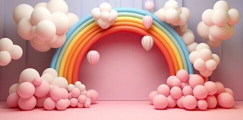 A vibrant and joyous celebration of color fills the room, inviting us to marvel in the beauty of a rainbow framed by dancing balloons