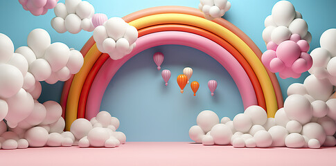 The vibrant colors of the rainbow against the gentle flutter of balloons in the sky evoke a sense of joy and hope