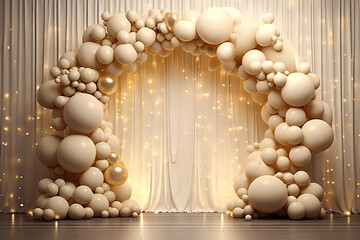 Fototapeta na wymiar Party birthday or wedding invitation card copy space for text display of grandeur and elegance, the majestic white and gold balloon podium arch cascades down in an extravagant show
