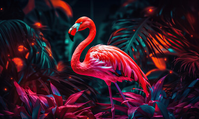 A bright pink flamingo stands proudly amidst a lush, untamed jungle, a splash of vibrant color and life amidst the wilds of nature