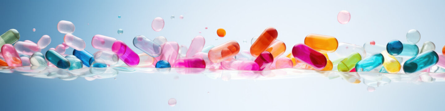 Medicine banner. Many different colorful medications. Pharmaceutical drugs and pills.