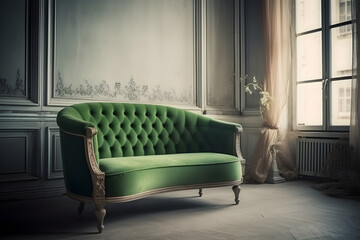 green retro sofas on a green wall