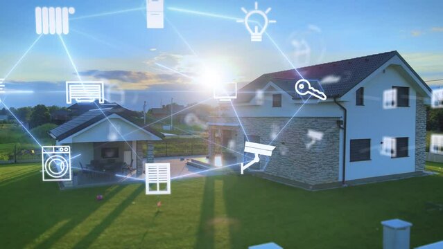 Modern smart home, AI scan of connected home gadgets, infographics