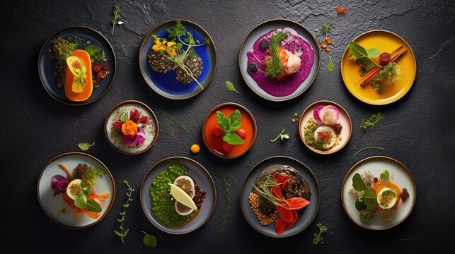 Food collage dishes of meat and fish and vegetables on black stone background. Top view of a chef gourmet dish. Beautiful and tasty food. Generative Ai.