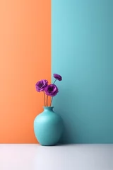 Foto op Aluminium A minimalistic blue vase with a purple flower. In the background is a design in blue and purple. Place for text. Generative AI. © Svfotoroom