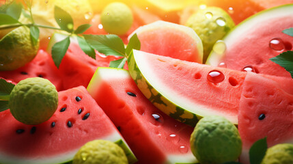 Vibrant Top-View Shot of Assorted Raw Fruits Platter with Selective Focus, Summer fruits background