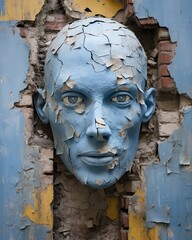 There is a cracky wall with a strange face and blue eyes. (Generative AI)