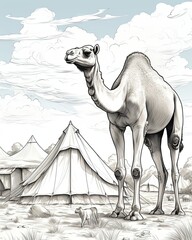 A sky-filled backdrop showcases a camel and tent up close. (Illustration, Generative AI)