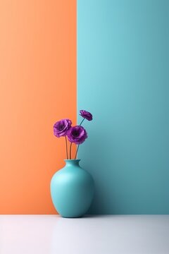 A minimalistic blue vase with a purple flower. In the background is a design in blue and purple. Place for text. Generative AI.