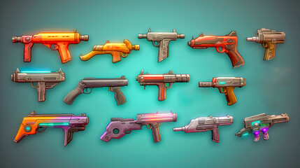 cartoon fantastic futuristic weapons at play, isolated on blue background, made with Generative AI
