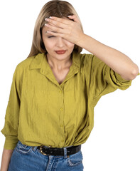 Sad tired young woman, portrait of blonde caucasian sad tired young woman. Holding her head checking temperature. Feeling sick. Exhausted, frustrated student lifestyle concept. Bad face gesture.