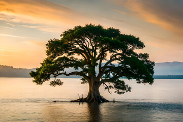 Fototapeta na wymiar Sunset on the beach with big tree submerged in seawater